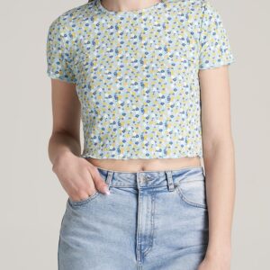 Cropped Waffle Tee for Tall Women in Corydalis Blue Floral