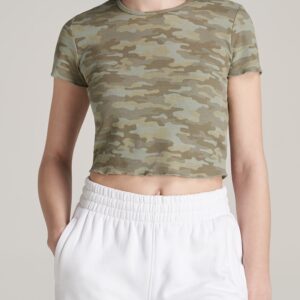 Cropped Waffle Tee for Tall Women in Green Camo Print