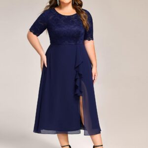 Plus Size Lace Top Short Sleeve A-Line Split Round Neck Formal Dress