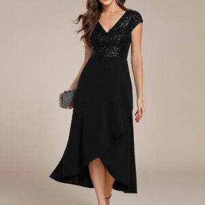 Short Sleeve V-Neck Midi Sequin Formal Dress