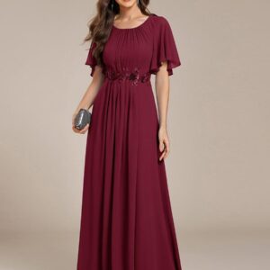 Short Sleeve Pleated Applique A-Line Floor-Length Formal Evening Dress