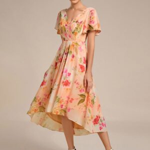 Elegant V-Neck Flowy High-Low Short Sleeve Wedding Guest Dress