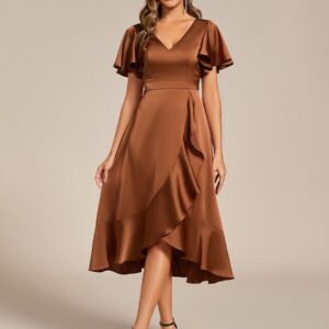 V-Neck Satin Midi Wedding Guest Dress with Ruffled Skirt