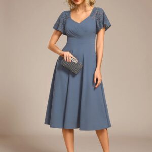Short Sleeves A-Line Midi Wedding Guest Dress with Pockets
