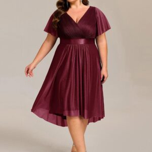 Plus Size Glitter Short Sleeve V-Neck Pleated Midi Wedding Guest Dress