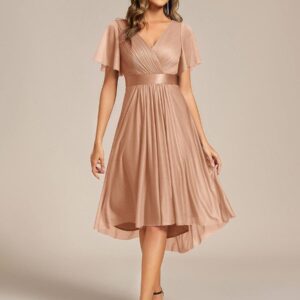 Short Sleeve V-Neck Pleated Glitter Midi Wedding Guest Dress