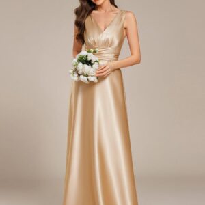 V-neck Empire Waist Satin Maxi Bridesmaid Dress with Pockets