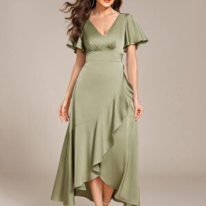 Short Sleeve Ruffled Satin Midi Wedding Guest Dress