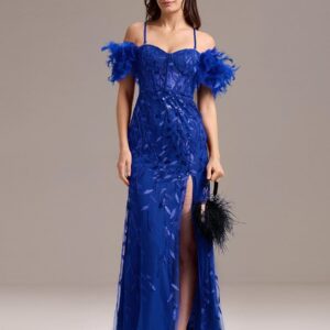 Off-Shoulder Feather Sleeve A-Line High Split Backless Sequin Formal Dress