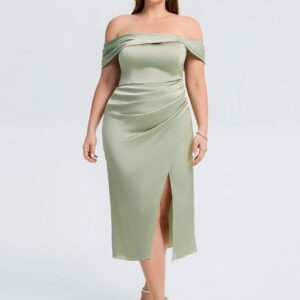 Plus Size Slit Satin Wedding Guest Dress