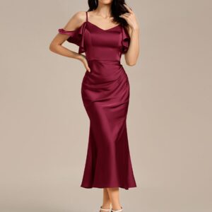 Ruffled Off Shoulder Satin Midi Mermaid Bridesmaid Dress